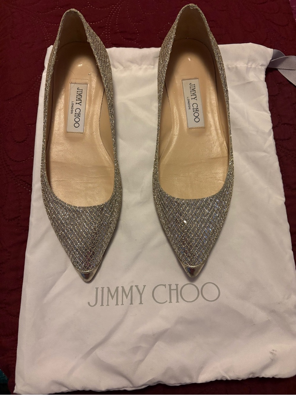 Jimmy Choo Silver Glitter Pointed Flats with Metallic Toe